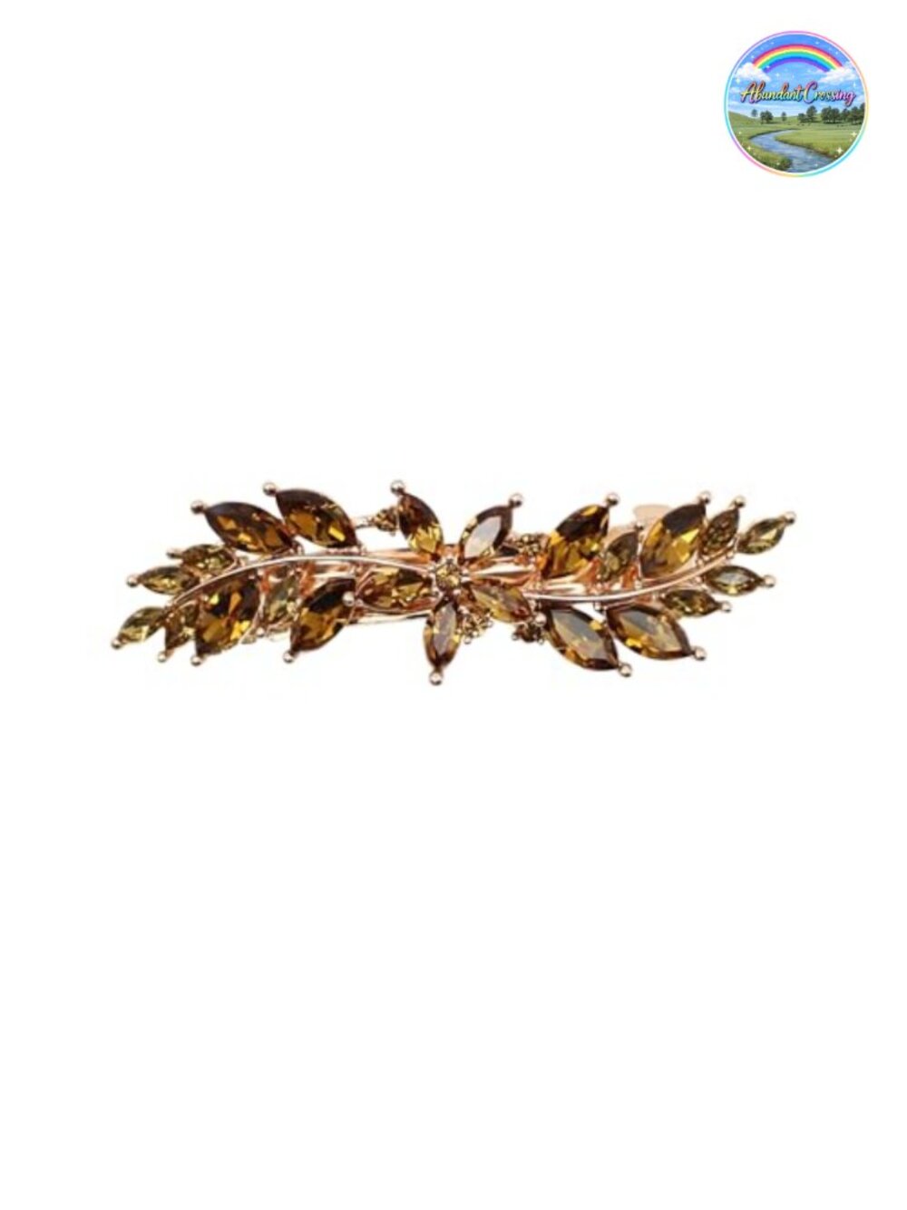 Rhinestone Floral Hair Barrette Clip Rose Gold Plated 2.75"